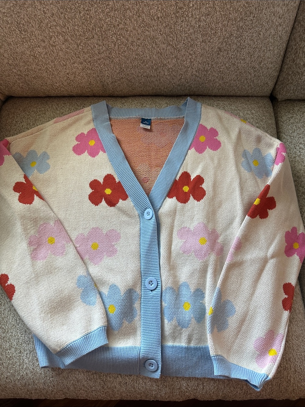 Old Navy Cream Floral Button-Front Cardigan with Blue Trim